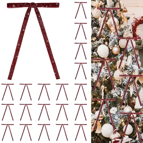 Image of 24 PCS Velvet Bows Christmas Ornaments Decorations, Sparkly Glittery Burgundy Velvet Bows Ornaments for Christmas Tree, Unique Elegant Xmas Home Holiday Decor for Tree Mantle Wreath Gift Wrap