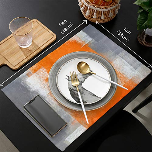Labluux Table Runner With 6 Place Mats, Orange And Grey Abstract Art Texute Cotton-Linen Dining Mat Sets Heat Resistant Washable Placemat For Dining Table/Kitchen/Living Room/Office/Picnic 13X70 Inch thumb #3