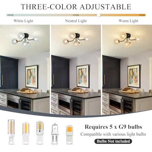 Image of Semi Flush Mount Ceiling Light Black 5-Lights Sputnik Ceiling Light Mid Century Modern Clear Glass Globe Close to Ceiling Light for Bedroom Kitchen Entryway Closet