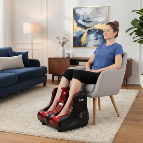 Image of JSB HF04 Pro Leg Massager for Pain Relief in Foot & Calf with Human Hands Like Pressing, Heat, Vibration & Reflexology Rollers (Red-Black)