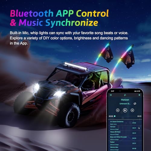 Image of Ehaho 1 Pack 1FT Whip Lights,LED Whip Light with App & Remote Control, Spiral RGB Chasing Lighted Whips with Rocker Switch, Music Whip Light for UTV ATV Polaris RZR Can-Am SXS Truck