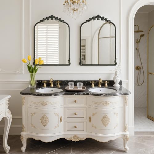 Image of WallBeyond Black Antique Mirror for Vanity 22x30 Inch, Black Vintage Mirror with Ornate Frame, Arched Vintage Wall for Bathroom, Living Room, Fireplace