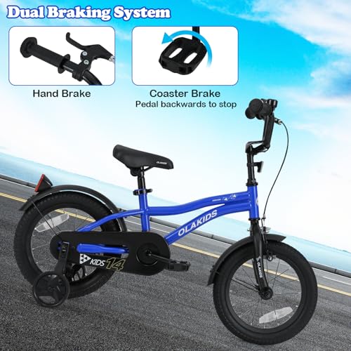 Image of Olakids Kids Bike, 12 14 16 18 Inch Toddlers Bike with Training Wheels Safety Bell Adjustable Seat and Handlebar, Handbrake and Coaster Brake, Children's Bicycle for Boys Girls