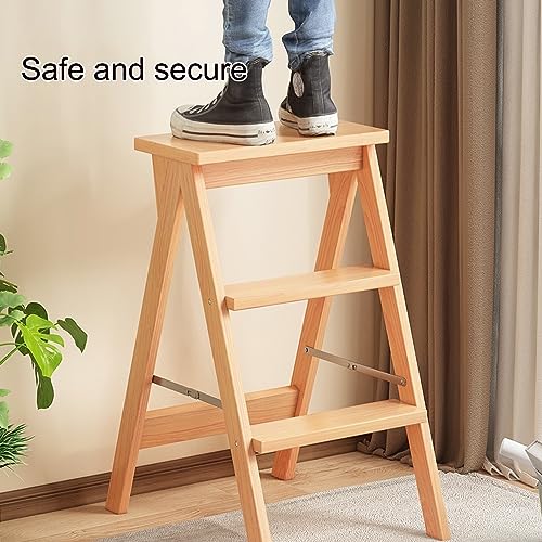Escalera plegable portátil de 4 escalones con diseño de taburete convertible de madera 5