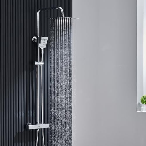 Ulytid Colonne de Douche Thermostatique, Ensemble de Douche avec Mitigeur Thermostatique, Robinet Douche Salle de Bain, Réglable en Hauteur, Tête de Douche...