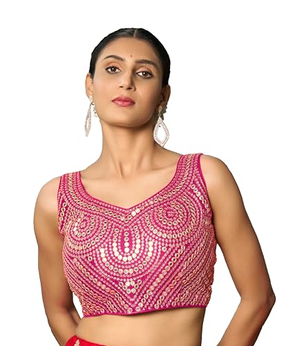 Image of Pujia Mills Fancy Women's foil Mirror and Thread Zari Work Sweetheart Neck Silk Sleeveless Blouse (PC Bindi Foil Parent)