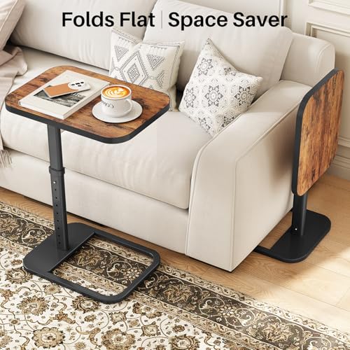 Image of Kitstorack TV Tray Table, Adjustable Height & 90 Flip-Over Panel Design, Sofa Arm End Side Table for Eating Laptop Couch Bed Dinner or Small Spaces (Rustic Brown,Black)