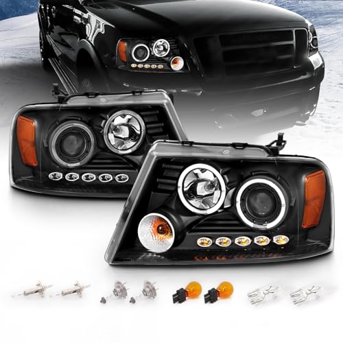 Image of AmeriLite for 2004-2008 Ford F-150 LED Halos Ring Black Projector Replacement Headlights Pair - Passenger and Driver Side