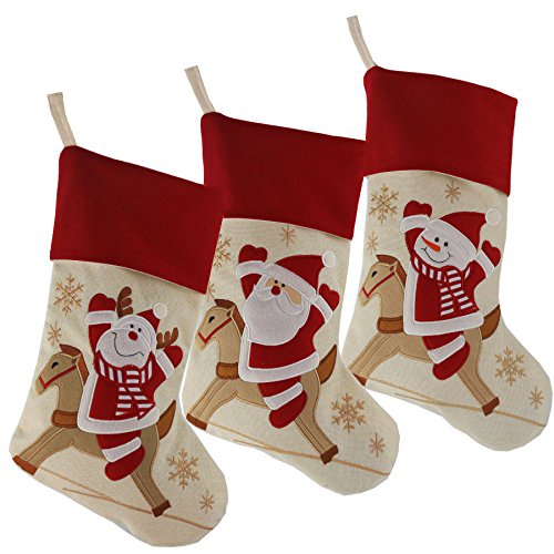 WEWILL Lovely Christmas Stockings Set of 3 Santa, Snowman, Reindeer, Xmas Character 3D Plush Linen Hanging Tag Knit Border Xmas for Kids Family