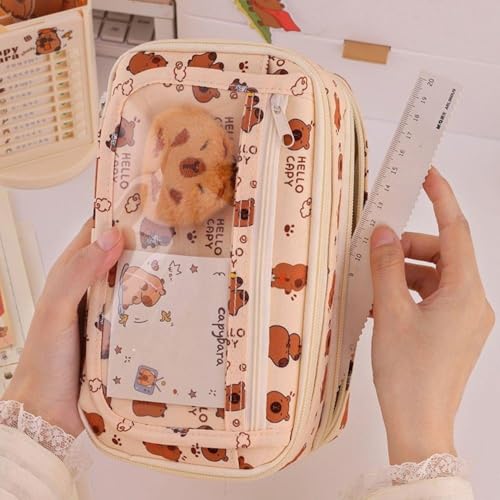 Image of Pencil Pouch for Girls - Aesthetic Multi-Compartment Zipper Pouch with Drawstring Pocket, Cute Kawaii Pencil Case, Stylish Stationery Pouch, Return Gift for Kids & School Use (Hello Capy)