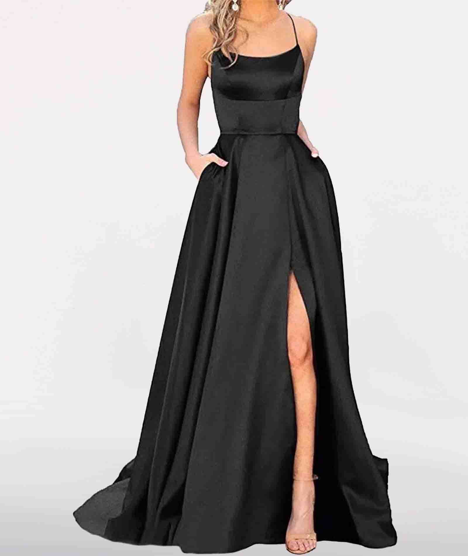 HAHAEMMA - Elegante abito da donna lungo, con tasche, in raso, linea ad A, schiena scoperta, abito da sera, da matrimonio, sexy, con allacciatura al collo, da principessa, damigella d'onore