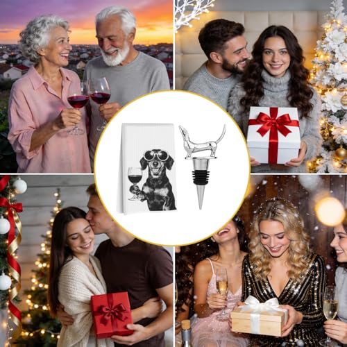 Image of Funny Dachshund Wine Kitchen Towels with Wine Bottle Stopper 24x14 Inch, Dachshund Gifts Reusable Dish Towels for Kitchen Bars Decor, Weiner Dog Gifts for Women Men Christmas Birthday Gift
