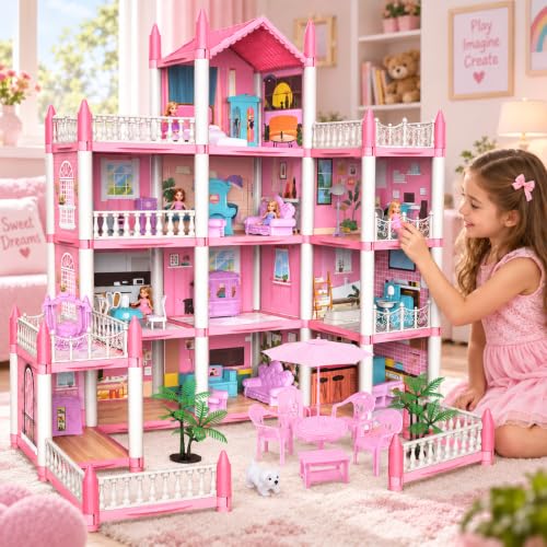 Image of Doll House for Girls 3+ Years, Large Multi-Level Pink Dollhouse with Furniture, Balconies, Rooms, Patio & Pretend Play Accessories, Dream House Toy