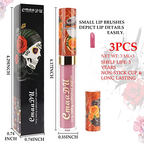 Evpct 3Pcs Purple Nude Pink Dark Brown Matte Liquid Lipsticks Lip Gloss Stain Makeup Sets Smudge Proof, Skull Face 24 Hour Long Lasting Liquid Matte Lipstick Waterproof Labial Mate Larga Duracion 24 #TOP5