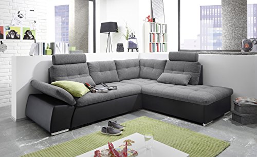 Stella Trading JAKARTA Ecksofa mit Schlaffunktion und Stoffbezug, Schwarz / Anthrazit - Ausziehbares Schlafsofa mit steckbaren Kopfstützen & Kissen - 260 x 103 x 219 cm (B/H/T) Rechts