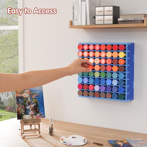 Image of Krafetto 64 Grids Craft Paint Storage Organizer, Wall-mountable Paints Holder, Stackable Paint Bottle Rack Stand for 2oz Craft Paints, Blue