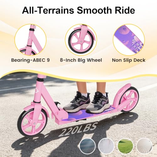 Image of SIMATE Kick Scooter for Kids Teens & Adults, 4 Adjustable Heights, 8IN All Terrain Big Wheels, Foldable and Lightweight, Gifts for Girls Boys
