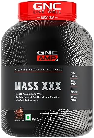 GNC Amp Mass Xxx Gainer Powder|2 Kg|Boosts Lean Muscle Gains|Amps Up Workout Results|50G Protein|10G Bcaa|127.5 G Carbs|3G Creatine|Chocolate, 1 count, 9 servings