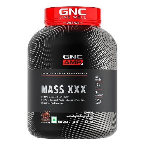GNC Amp Mass Xxx Gainer Powder|2 Kg|Boosts Lean Muscle Gains|Amps Up Workout Results|50G Protein|10G Bcaa|127.5 G Carbs|3G Creatine|Chocolate, 1 count, 9 servings