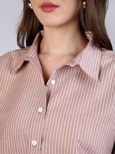 Image of Urbano Fashion Women's Cotton Full Sleeve Oversized Fit Casual Striped Shirt with Spread Collar