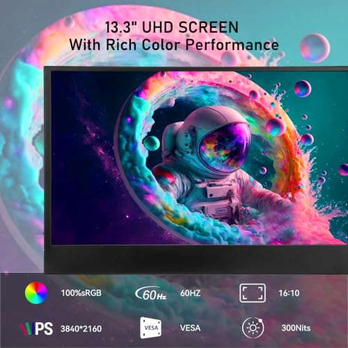 Image of 13.3 Inch 4K Portable Monitor, 3840x2160 UHD External Laptop Screen, 100% Adobe RGB, 400 Nits Brightness, USB-C HDMI Travel Monitor for PC, Mac, Phone, Switch, PS5, Xbox, with Smart Cover