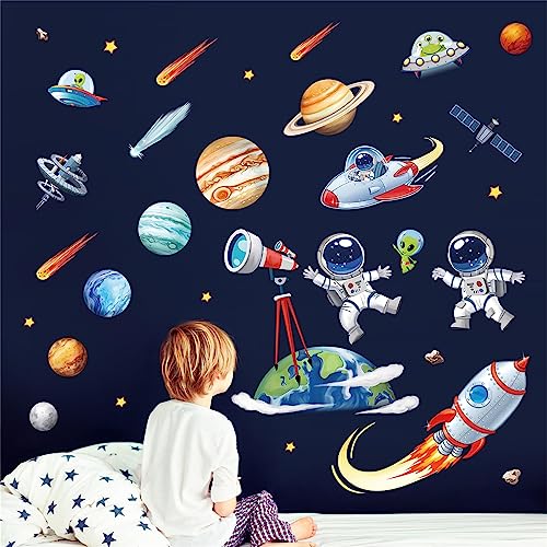 decalmile Outer Space Planets Wall Decals Rocket Astronaut Spacecraft Alien Wall Stickers Baby Nursery Kids Bedroom Living Room Wall Decor - Image 2