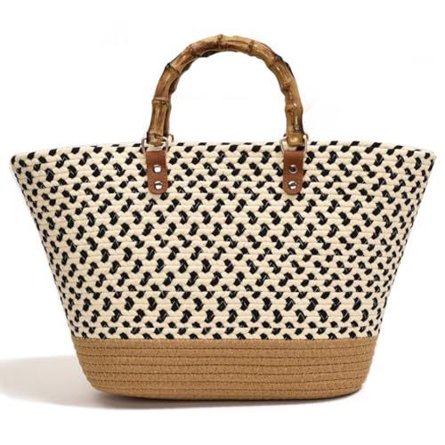 UKETO Bolsa tejida para mujer, de gran capacidad, a la moda, de retazos, elegante, con asa superior, para vacaciones en la playa (negro), Black, 16.93*10.24*3.54inch