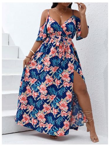 Image of Floerns Women's Plus Size Cold Shoulder Short Sleeve Split Thigh Long Dress