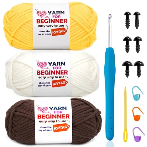 Image of 3 Pack Beginners Crochet Yarn Cotton Crochet Yarn for Crocheting Knitting Beginner with Easy-to-See Stitches Cotton-Nylon Blend Crochet Yarn for Beginners Crochet Kit(3x50g)-Coffee Brown+White+Yellow