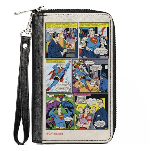 DC Comics Wallet, Zip Around, Superman Clark Kent Retro Comic Scene Blocks, Vegan Leather