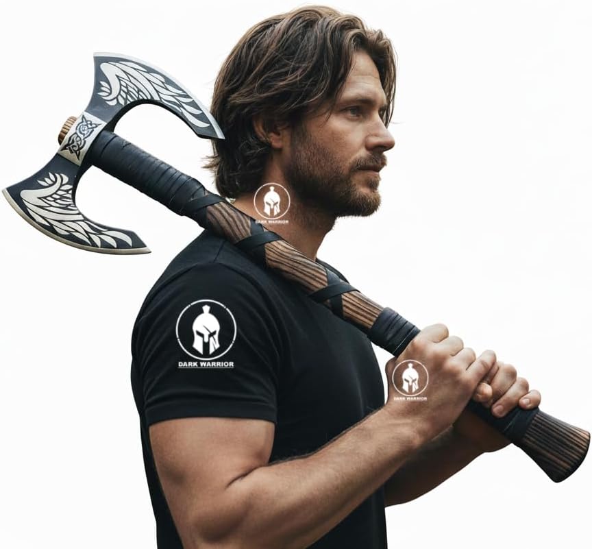 DARK WARRIOR- Handmade Viking Double Headed Axe Real Battle Two Sided Twin Blade Axe with Solid Handle, Leather Sheath Best Gift for Him Viking Lover.