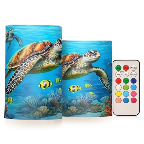 Kigai Sea Turtle Flameless Candles with Remote Control and Timer,Battery Operated LED Pillar Candles Adjustable Brightness for Ourdoor Indoor Use,Home Decor,2 Pack