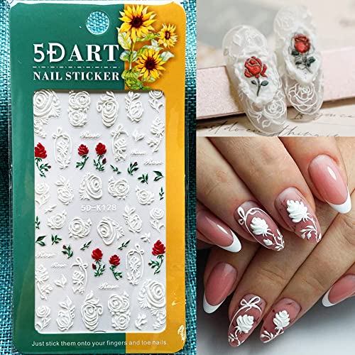 Valentine’s Day Nail Art Stickers, 5D Rose Flower Nail Decals Stereoscopic Embossed Nail Art Supplies Self Adhesive Rose Flowers Valentines Nail Stickers For Women Girls Acrylic Nails Decorations #TOP2