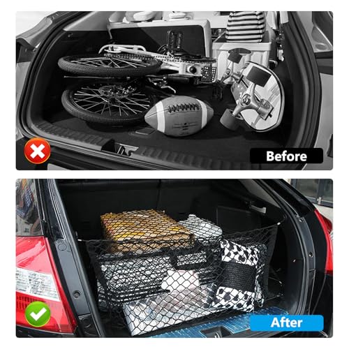 RUGLAMZHIP Gepäcknetz Auto Kofferraum Netz, 110 x 60 cm Kofferraumnetz, Elastisch Gepäcknetz Wohnmobil, Elastisches Gepäckfixierung Spannnetz Trennnetz mit 4 Haken für Meisten Fahrzeugtypen Cargo