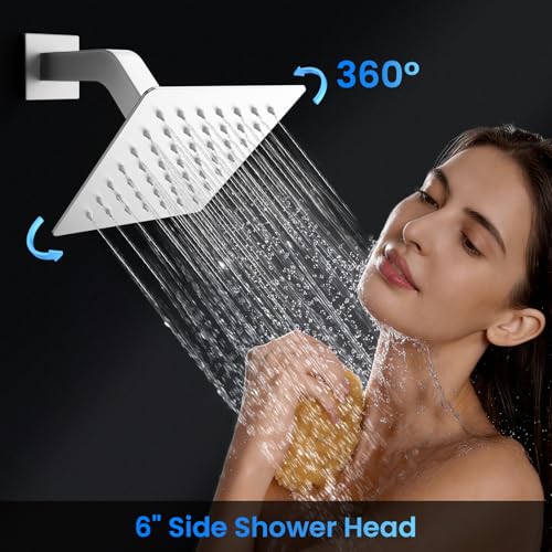 Set de grifería para ducha, sistema de lluvia de montaje en techo de 12" con 2 cabezales de ducha, 2 en 1 de mano, válvula de balance de presión de latón macizo y kit de recorte, acabado niquelado cepillado miniatura 4