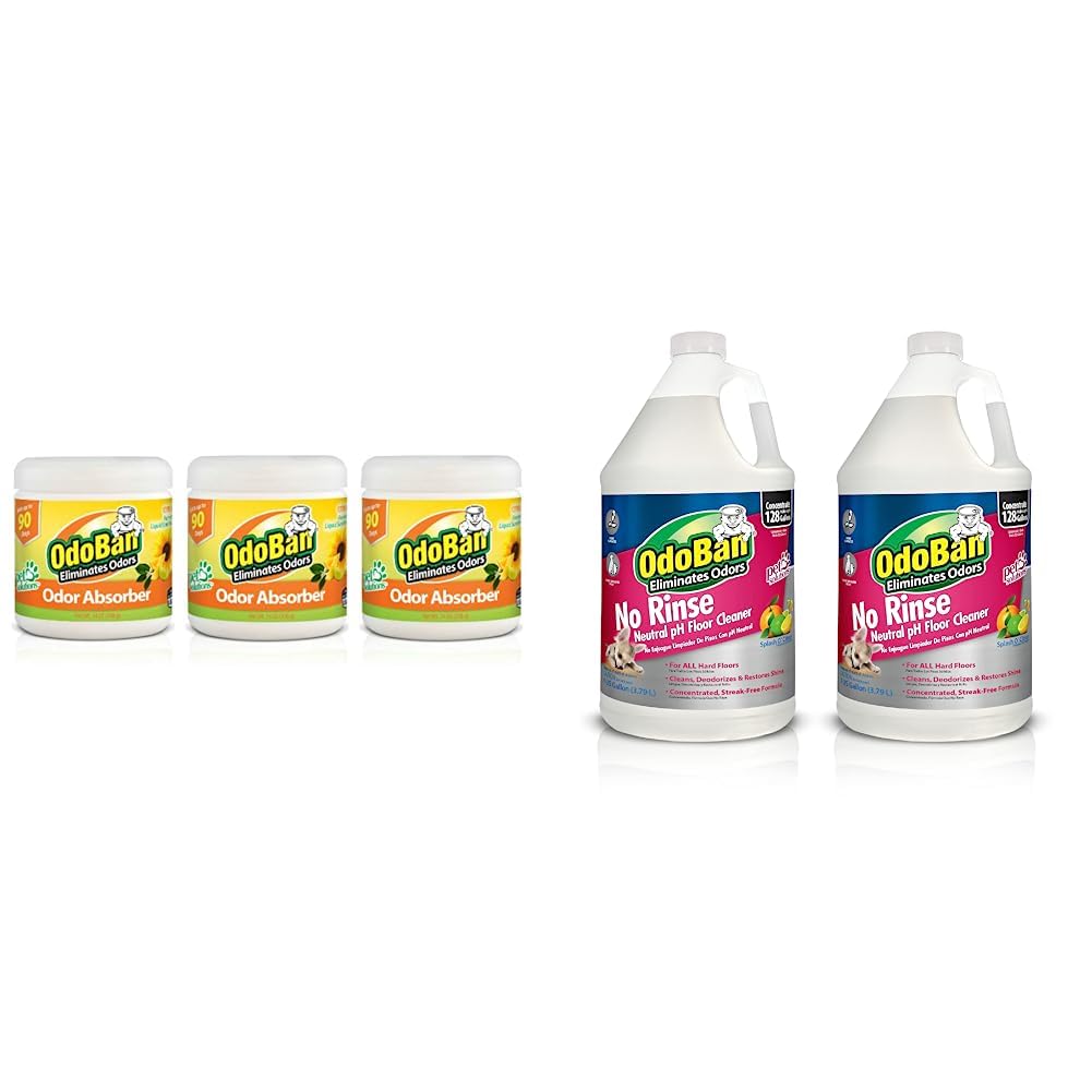 OdoBan Solid Odor Absorber Eliminator for Home and Small Spaces, Citrus Scent, 14 Ounces Each, 3-Pack Pet Solutions No Rinse Neutral pH Floor Cleaner Concentrate, 2-Pack, 1 Gallon Each