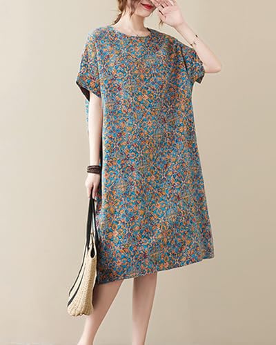 Image of LUZU JUNU Women's Summer Baggy Plus Size Loose Cotton Linen Long Boho Beach Dress with Pockets