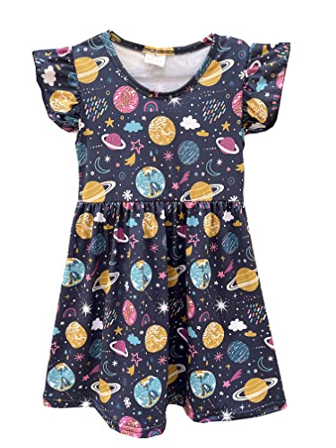 nebljgo Little Girls Dress Flutter Sleeve Toddler Baby Girl Sundress Summer Apparel Space Planets Pearl Dress