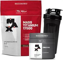 Kit Hipercalórico Mass Titanium 1.4kg + Creatina 150g + Coqueteleira - Max Titanium (Refil, Morango)