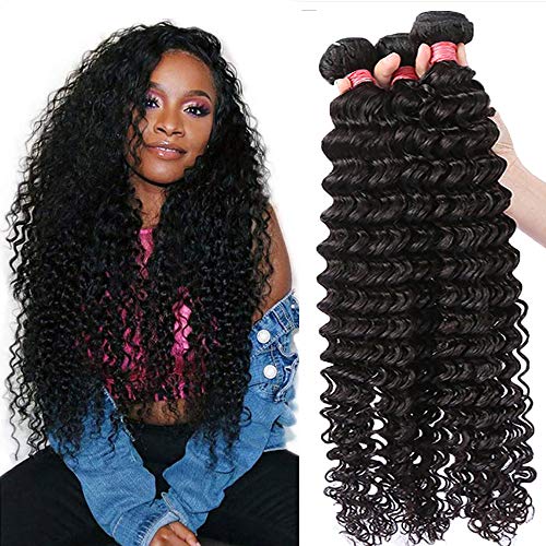 Brazilian Deep Wave Bundles Human Hair (16 18 20 Inch) 100% Unprocessed Virgin Wet and Wavy Deep Wave 3 Bundles 10A Curly Bundles Hair Weave Natural Color (16 18 20)