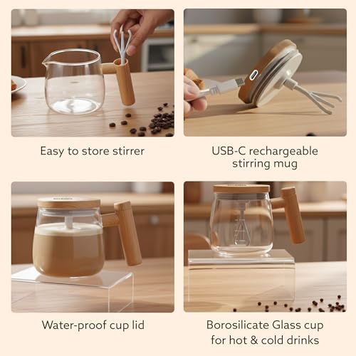 Image of AGARO Self-Stirring Coffee Mug 400ml - Electric Automatic Mixing Cup with Lid, Borosilicate, Rechargeable Operated Blender for Coffee-Milk-Protein Shakes, Portable Mug for Home, Office & Travel