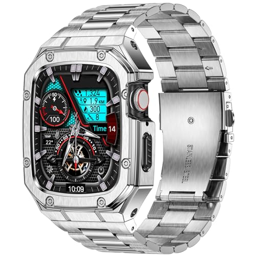 Image of Stainless Steel Watch Band with Case Compatible with Apple Watch 38 /40 /41mm | Rugged Metal Strap with Cover for iWatch,Luxury Protective Bracelet for Men,Series 9 /8 /7 41mm 6 /5 /4 /SE 40mm 3 /2 /1 38mm,Silver