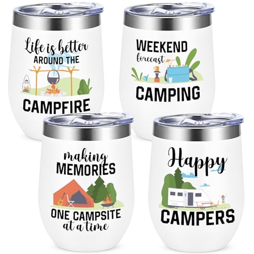 Qtencas Camping Gifts Wine Tumblers Set of 4, RV Campers Gifts for Picnic Hiking Campfire, Happy Camper Stainless Steel Cups for Outdoors, Birthday Christmas Gifts for Family Friends, 12oz White