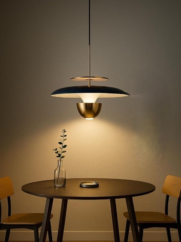 Modern LED Pendant Light Fixture – Minimalist UFO Hanging Ceiling Lamp for Bedroom & Kitchen Island, Adjustable Cord, Matte Black Finish (320/1P BK+GD)-image-18