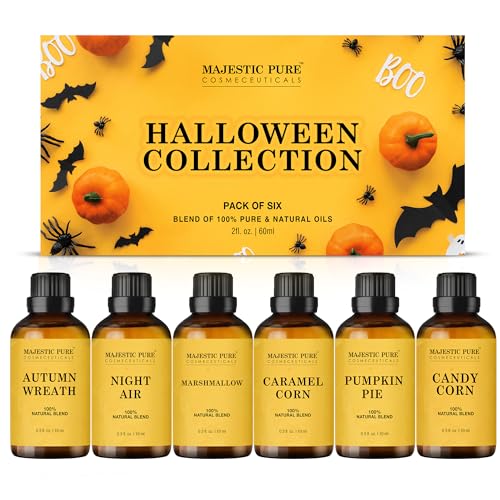 MAJESTIC PURE Essential Oil Blends Gift Set 100% Pure & Natural Halloween Collection - Autumn Wreath Pumpkin Pie Candy Corn Marshmallow Night Air Caramel Corn - 2 Fl oz