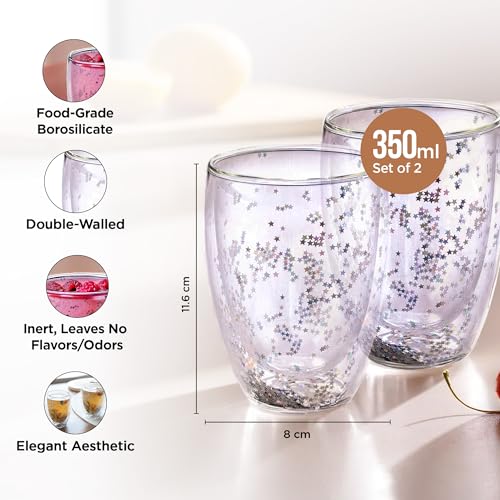 Image of The Better Home Double Wall Borosilicate Glass Cups Coffee Mugs | Teacups Set of 2-350ml Each |Starry Design | High Thermal Resistance | Microwave /Dishwasher Safe | Transparent Storage Jars.