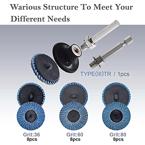 Tshya 24 Pcs 2 inch Roloc Flap Discs with 1/4" Holder Die Grinder Attachments T27 Zirconia Flat 36/60/80 Grit Grinding Wheels for Surface Prep
