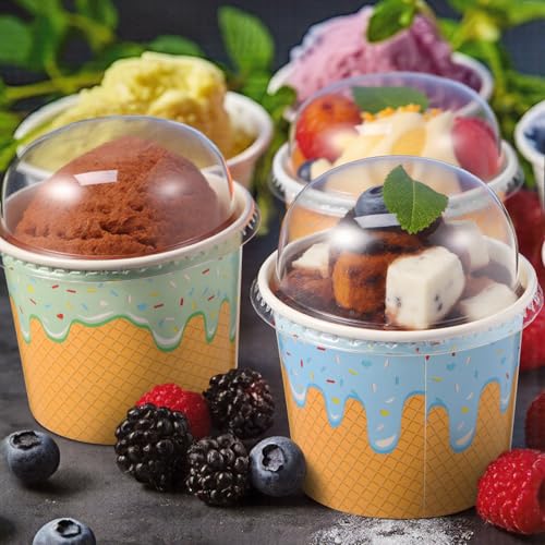 Image of Jingmore 80 Count Paper Ice Cream Cups with Clear Dome Lids Disposable Dessert Cups Bulk Dessert Bowls Sundae Containers for Snack Yogurt Soup Birthday Ice Cream Party Supplies (6 oz)
