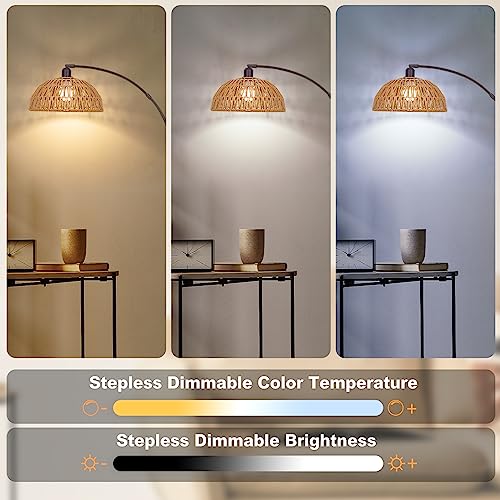 Image of Brilvibera Boho Floor Lamp with Remote Arc Tall Lamp | Bronze Floor Lamps with Stepless Dimmable Bulb, Hand-Worked Adjustable Rattan Lampshades, Brown Rattan Standing Lamp