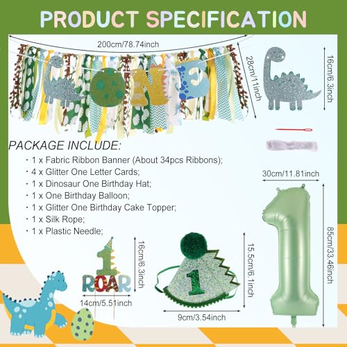 Image of Dinosaur Highchair Banner for First Birthday Party Decorations | Little Dino Roar I m One Birthday Fabric Banner for Boys Green Jungle Dinosaur High Chair Banner for 1st Bday Backdrop Decors